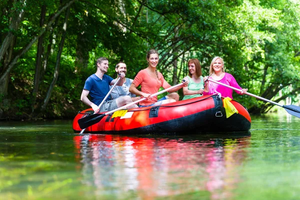 Friends Paddling Rubber Boat Forest River Creek — Stock Photo, Image