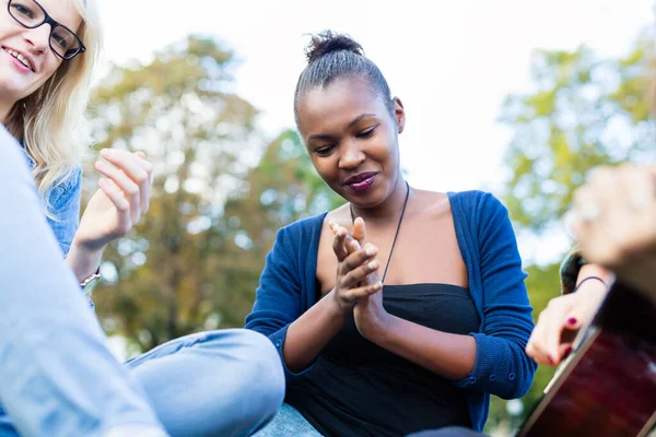 Vänner Klappar Längs Till Musik Parken Som Gitarrist Mångfald Grupp — Stockfoto