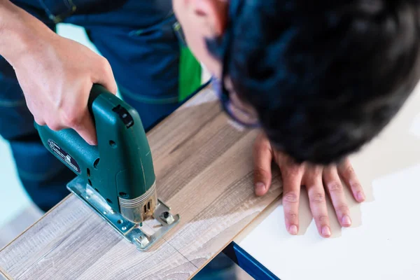 Diy Worker Cutting Wooden Panel Jig Saw — Stock Photo, Image