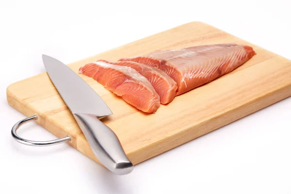 Fillet Mentah Segar Salmon Merah Muda Tergeletak Kayu Memotong Papan — Stok Foto