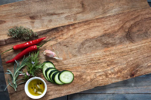 Food Ingredients Herbs Wooden Cutting Board — Stock Photo, Image