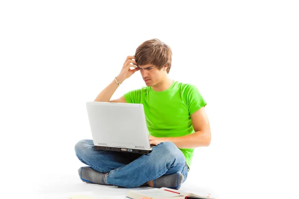 Young Man Sitting Laptop Legs Crossed Floor Working Stock Photo