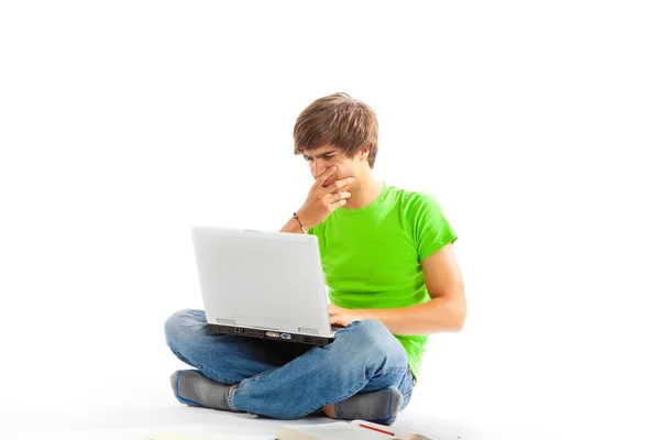 Young Man Sitting Laptop Legs Crossed Floor Working Stock Image