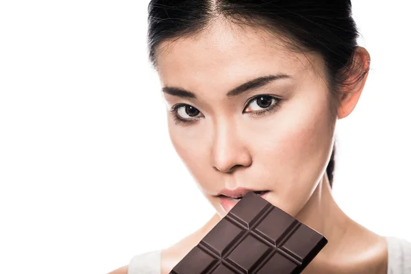 Close Portrait Young Asian Woman Milk Chocolate Bar White Background Stock Picture