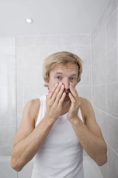 Portrait Man Checking Wrinkles His Face Bathroom — Stock Photo, Image