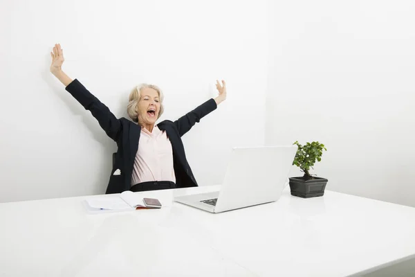Senior Businesswoman Yawning While Looking Laptop Office — Stock Photo, Image