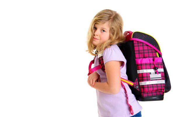 Blond Girl Schoolbag Front White Background — Stock Photo, Image