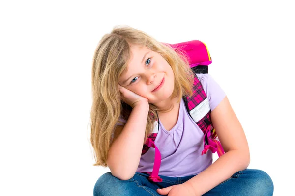 Ragazza Bionda Con Schoolbag Davanti Sfondo Bianco — Foto Stock