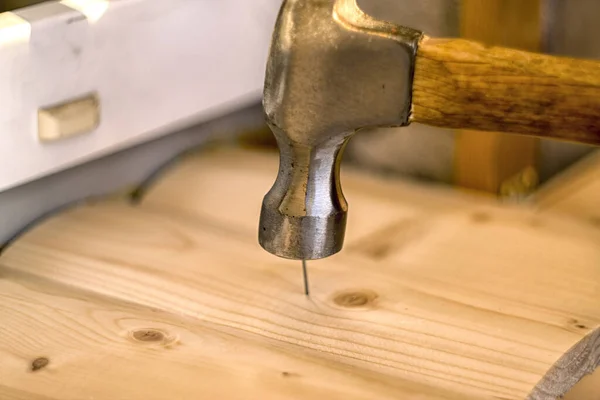 Hammer Clogs Nail Wooden Board — Stock Photo, Image