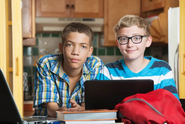 Laptopun Arkasında Sırıtan Bir Arkadaşı Olan Sakin Bir Erkek Öğrenci — Stok fotoğraf
