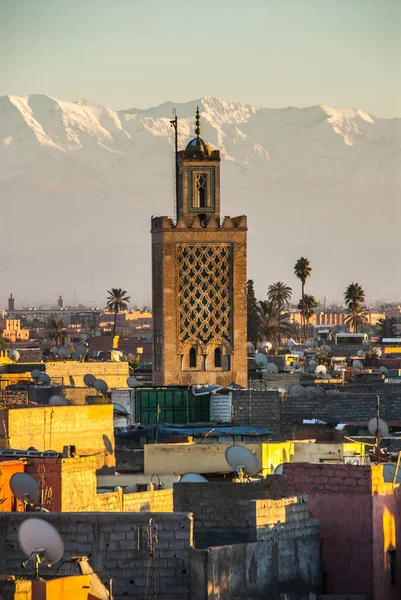 Marrakech View Toubkal Mosque Atlas Mountains Sunset — Stock Photo, Image