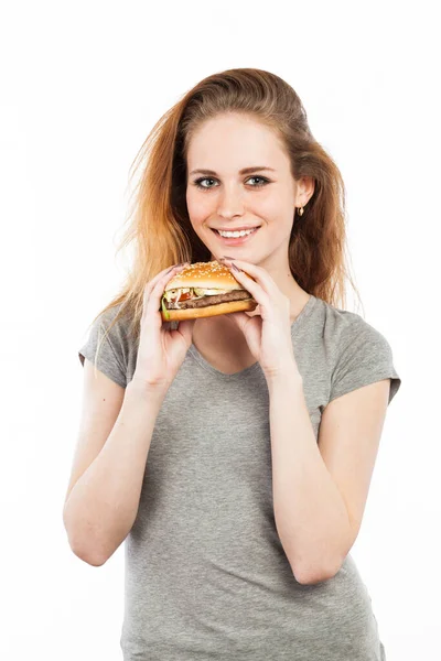 Retrato Una Linda Joven Con Una Hamburguesa Grande Aislada Blanco —  Fotos de Stock