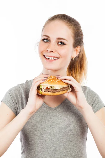 Portrait Cute Young Woman Holding Burger Isolated White Stock Image