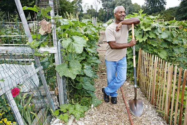 Black man leaning on shovel in community garden