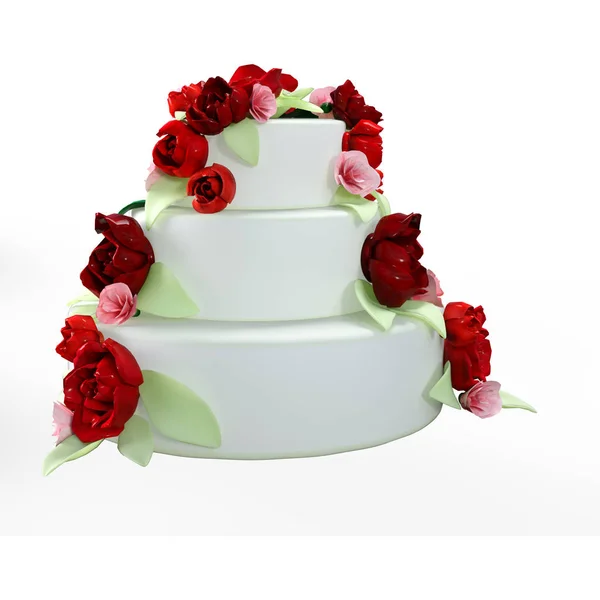 Visszaadás Ból Egy Esküvői Torta Piros Rózsák Elszigetelt Fehér Background — Stock Fotó