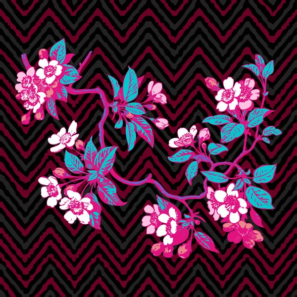 Ручной Рисунок Цветочные Розы Сакура Винтажный Отпечаток Полосы Волн Узор — стоковое фото