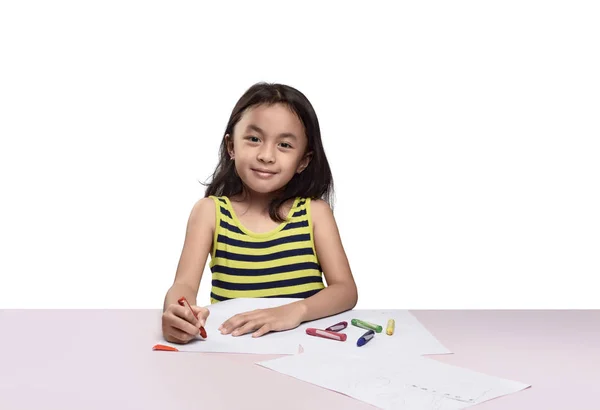Pequeña Chica Asiática Linda Dibujando Con Colorido Barranco Aislado Sobre — Foto de Stock