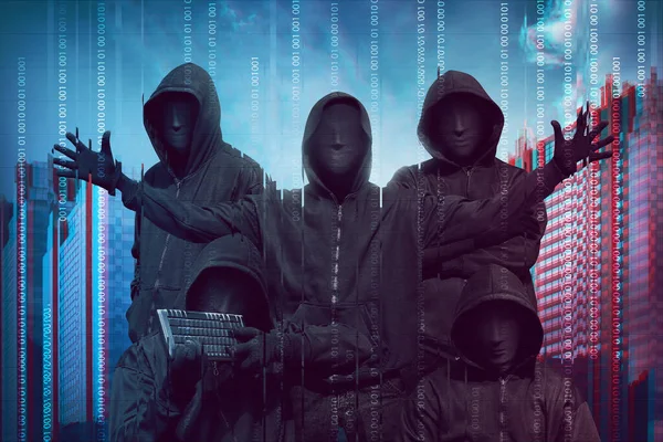 Grupo Hacker Con Máscara Anónima Contra Código Binario Segundo Plano —  Fotos de Stock