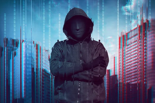 Hooded Man Wearing Guy Fawkes Mask Binary Data System Security — Stock Photo, Image