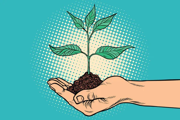 green sprout in hand. Horticulture and agriculture. Ecology and environmental protection. Pop art retro vector illustration