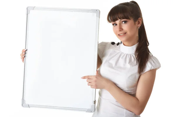 Young Businesswoman Holds Empty Board Text White Background — Stock Photo, Image