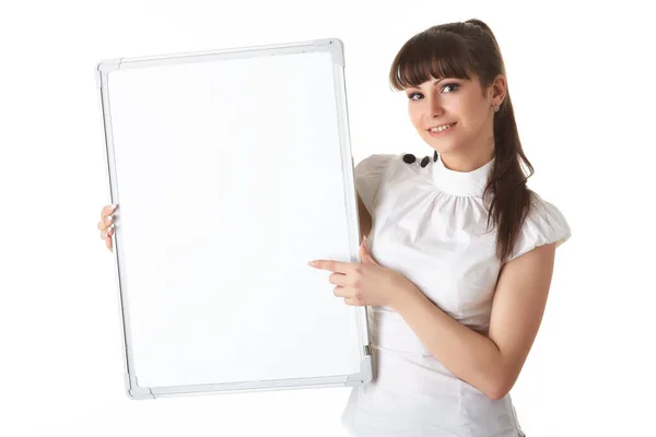Young Businesswoman Holds Empty Board Text White Background — Stock Photo, Image