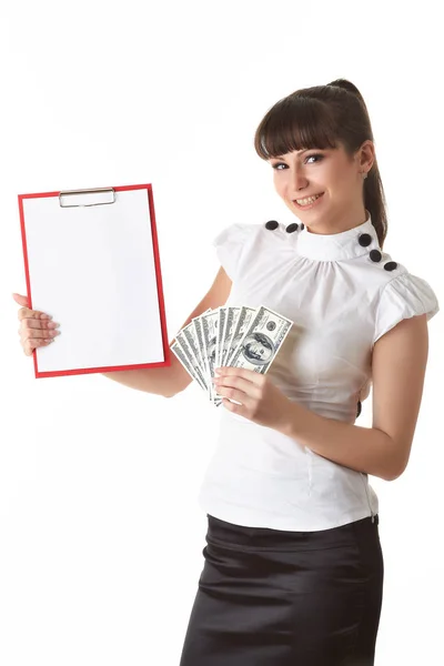 Businesswoman Money Clipboard White Background — Stock Photo, Image