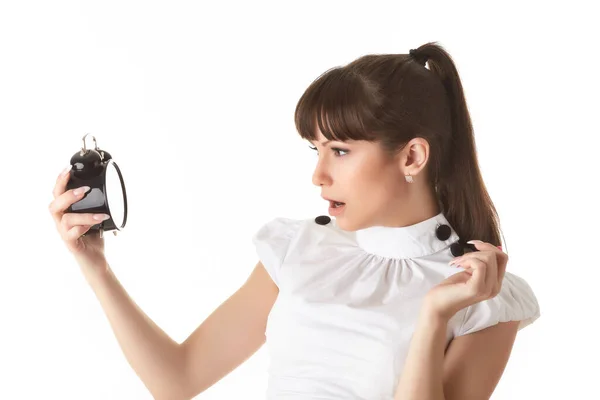 Young Woman Alarm Clock White Background — Stock Photo, Image