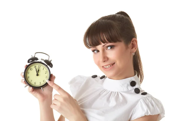 Mujer Joven Con Despertador Sobre Fondo Blanco — Foto de Stock