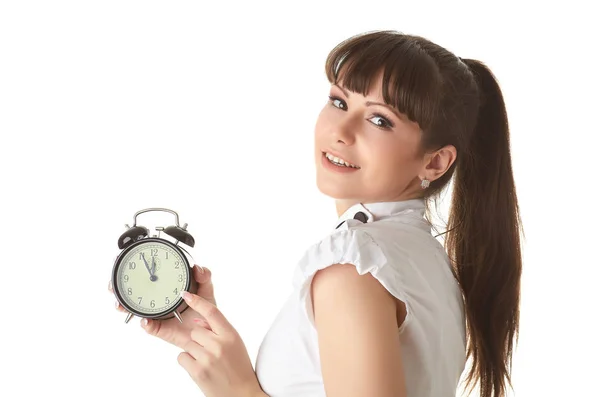 Mujer Joven Con Despertador Sobre Fondo Blanco — Foto de Stock