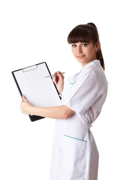 Médico Sorrindo Com Estetoscópio Área Transferência Fundo Branco Conceito Médico — Fotografia de Stock