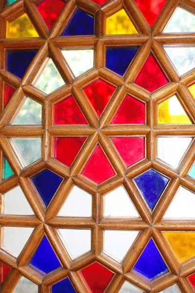 Stained Glass Wooden Frame Repeating Pattern Ornamental Pattern Colorful Wallpaper — Stock Photo, Image