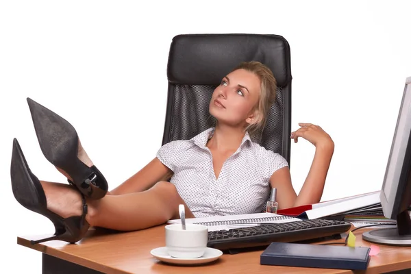 Businesswoman Does Manicure Nails Workplace White Background — Stock Photo, Image