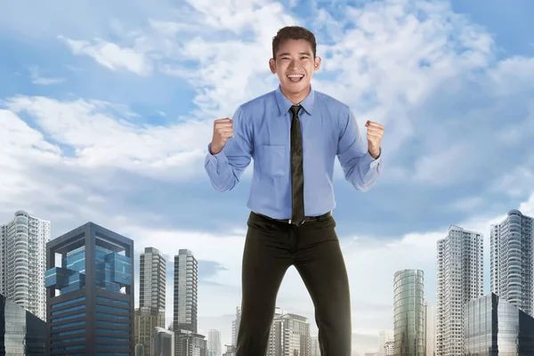 Happy Asian Businessman Spirit Expression Skyscraper Background — Stock Photo, Image