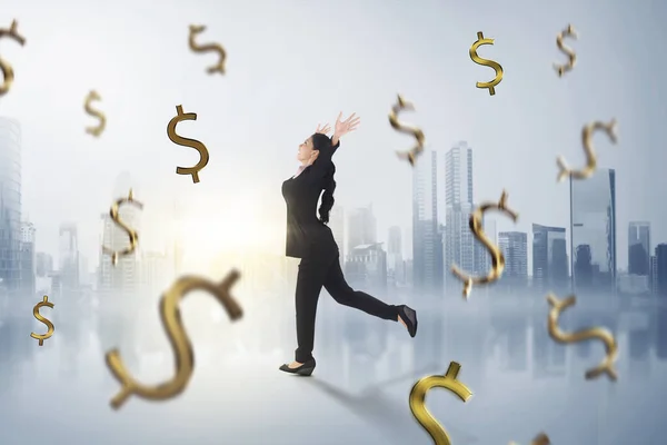 Happy Asian Business Woman Falling Money Her Futuristic Background — Stock Photo, Image