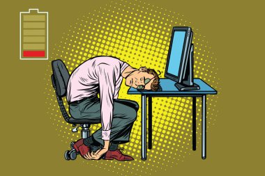 businessman sleeping at the computer. Fatigue at work. Pop art retro vector illustration clipart