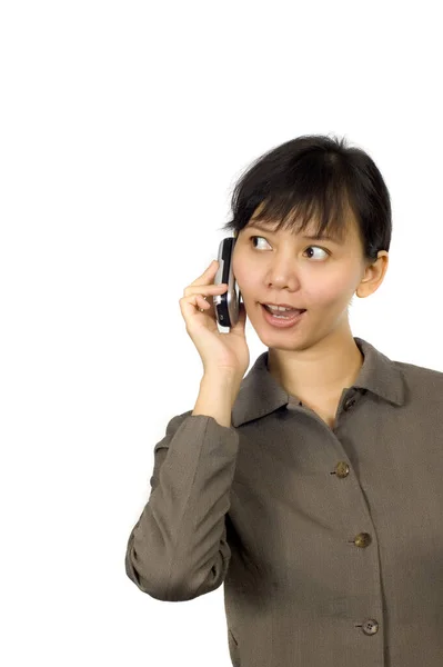 Pretty Asian Woman Call Her Cellphone Surprise — Stock Photo, Image