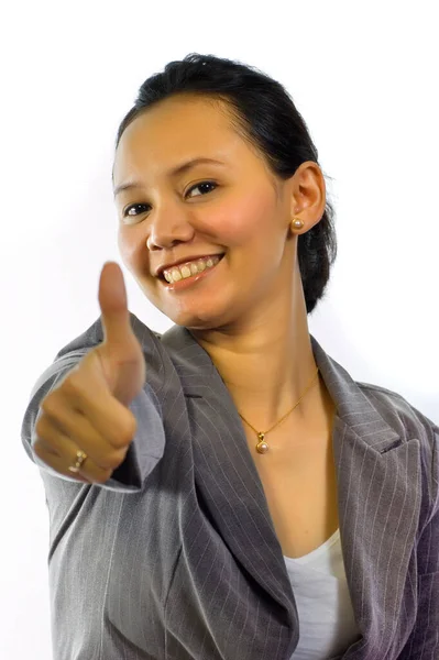 Asiatico Donna Lavoro Vestito Dare Pollice Bianco Sfondo — Foto Stock