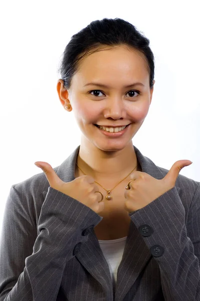 亚洲职业女性穿着工作服 有白色背景的给了她两个大拇指 — 图库照片