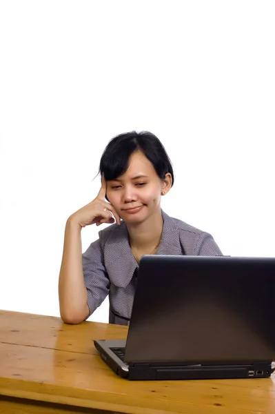 Beautiful Asian Business Woman Stress Using Laptop White Background — Stock Photo, Image