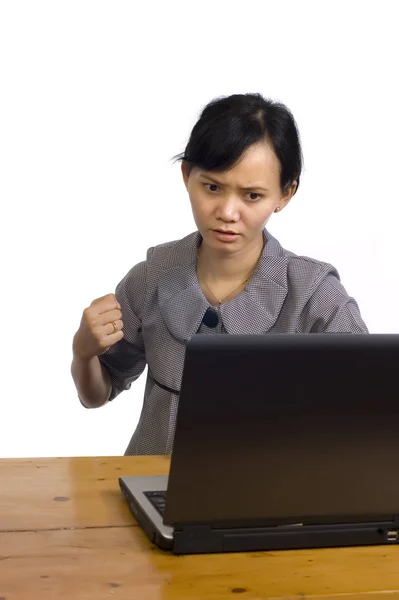 Beautiful Asian Business Woman Stress Using Laptop White Background — Stock Photo, Image