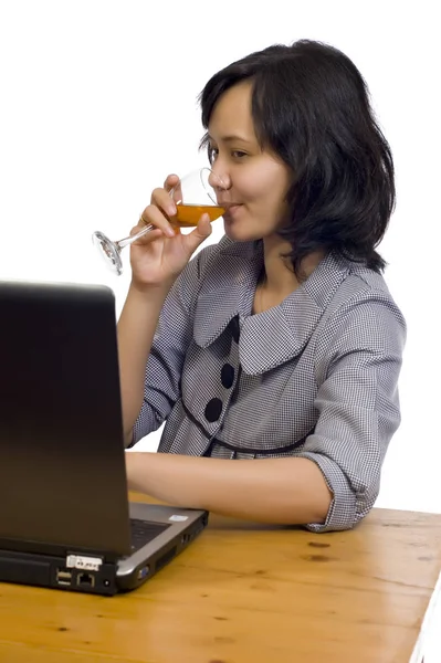 Beautiful Asian Business Woman Celebrating Her Success Wine Front Her — Stock Photo, Image