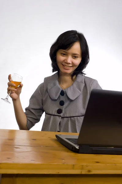 Beautiful Asian Business Woman Celebrating Her Success Wine Front Her — Stock Photo, Image