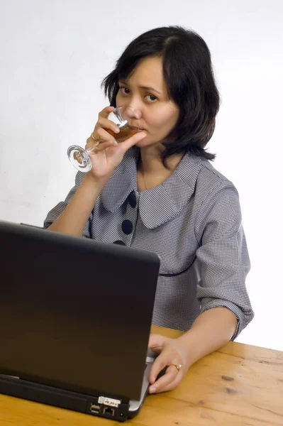 Beautiful Asian Business Woman Celebrating Her Success Wine Front Her — Stock Photo, Image