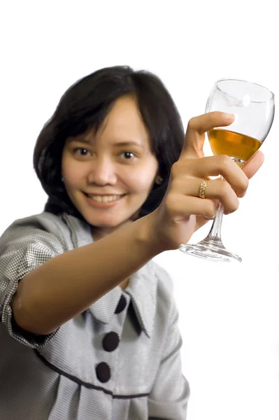 Young Beautiful Asian Business Woman Celebrating Her Success Wine Sit — Stock Photo, Image