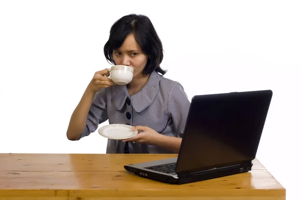 Beautiful Asian Business Woman Drink Cup Coffee While Working White — Stock Photo, Image