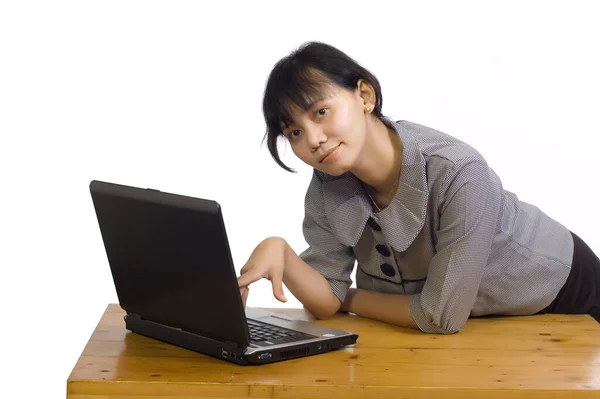 Beautiful Asian Business Woman Looking Serious Her Laptop White Background — Stock Photo, Image