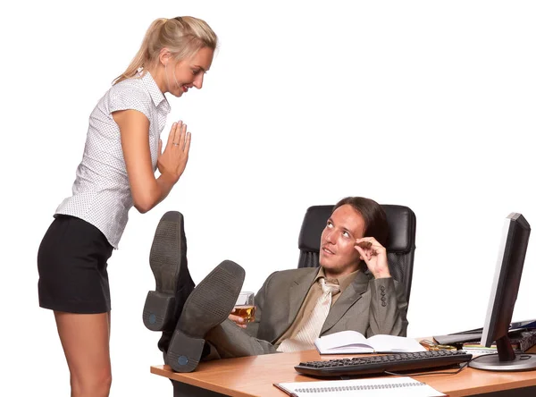 Sexual Harassment Office Workplace Female Secretary Seduces Chief Who Sitting — Stock Photo, Image