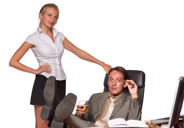 Ofis Işyerinde Cinsel Taciz Kadın Sekreter Işyerinde Ofiste Oturan Şefi — Stok fotoğraf