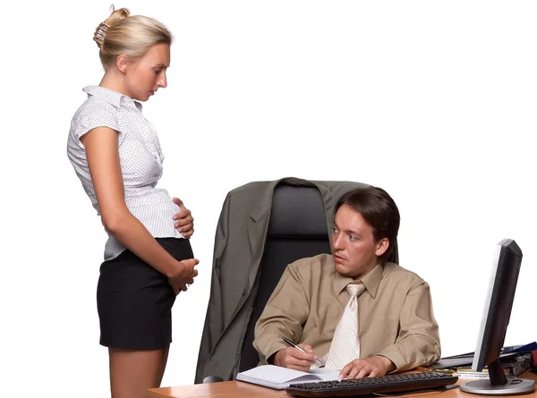 Businessman Pregnant Secretary White Background — Stock Photo, Image